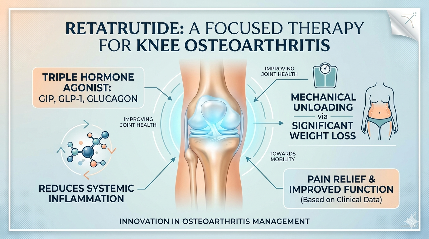 A professional and clean medical infographic styled as a premium cover image, titled "RETATRUTIDE: A FOCUSED THERAPY FOR KNEE OSTEOARTHRITIS" at the top. The center features a detailed anatomical illustration of a healthy human knee joint glowing with a soft blue hue, symbolizing targeted treatment. Radiating outward from the knee are four informational text boxes connected by subtle blue arrows, detailing how the drug works: Top Left (Orange box): "TRIPLE HORMONE AGONIST: GIP, GLP-1, GLUCAGON" Bottom Left: "REDUCES SYSTEMIC INFLAMMATION" accompanied by a molecular icon. Right Side: "MECHANICAL UNLOADING via SIGNIFICANT WEIGHT LOSS" showing an icon of a weight scale and a simplified body outline. Bottom Right (Orange box): "PAIN RELIEF & IMPROVED FUNCTION (Based on Clinical Data)". Small supporting text annotations like "IMPROVING JOINT HEALTH" and "TOWARDS MOBILITY" are placed near the arrows. The bottom of the graphic features the subtitle, "INNOVATION IN OSTEOARTHRITIS MANAGEMENT" against a light blue, textured gradient background with a clean border.