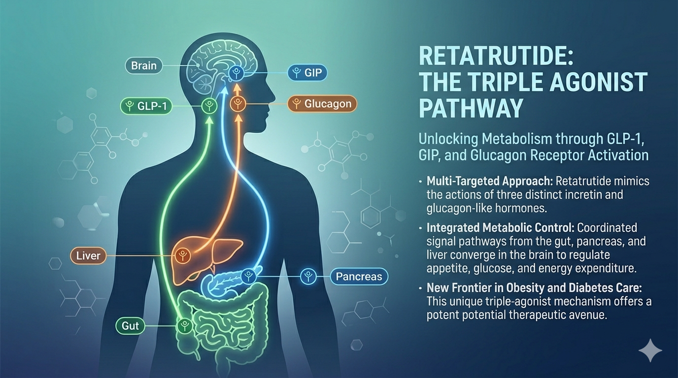 A modern medical infographic illustrating why retatrutide is a triple agonist, showcasing its interaction with three key metabolic receptors: GLP-1, GIP, and Glucagon for weight loss and metabolic health.