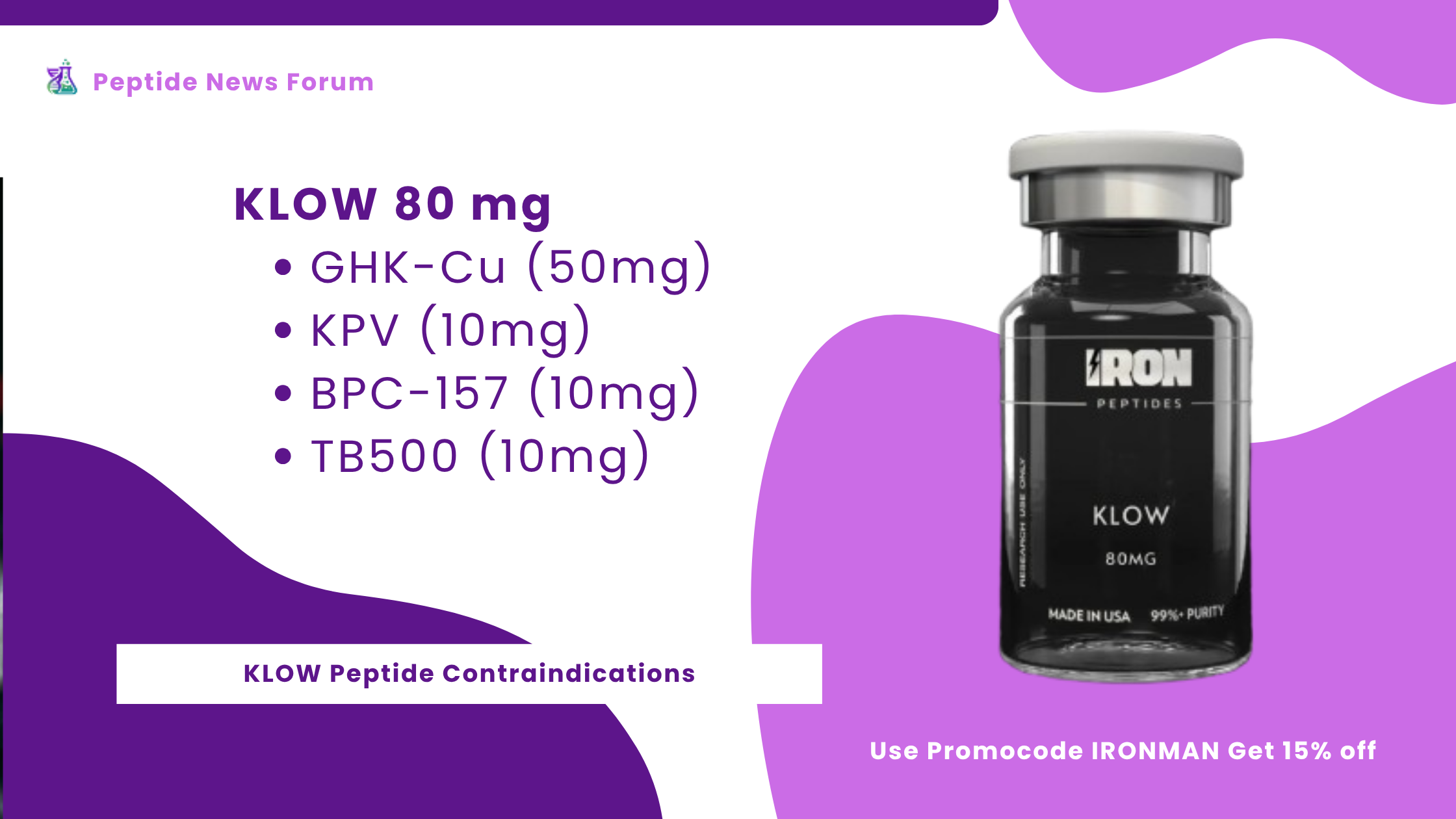 Illustration of a glass vial and syringe beside a caution warning icon, representing the contraindications of KLOW peptide.